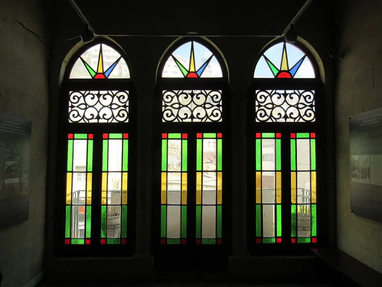 Arched windows and stonework of Abu Jaber House in As-Salt
